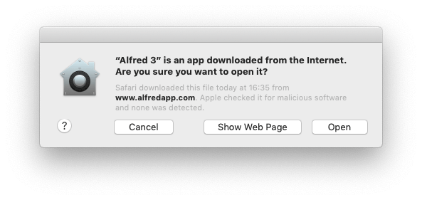macOS notice on launch that Alfred is notarised