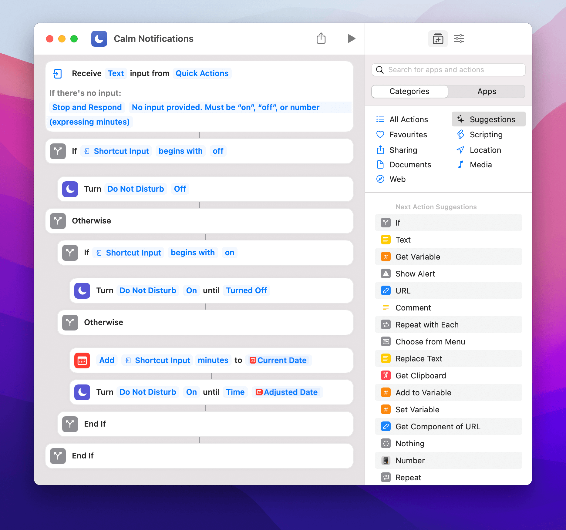 Calm Notifications shortcut layout