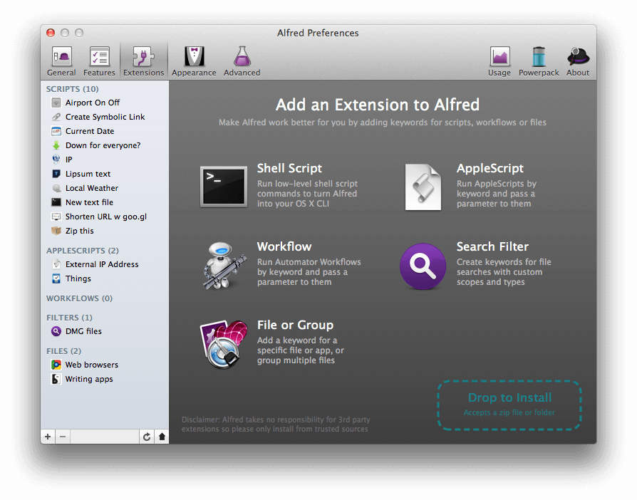 Alfred 5 for Mac. Extension preference. Alfred 5 примеры POWERPACK. Extended features