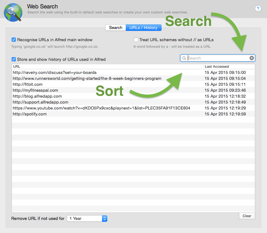 Search and sort URL history