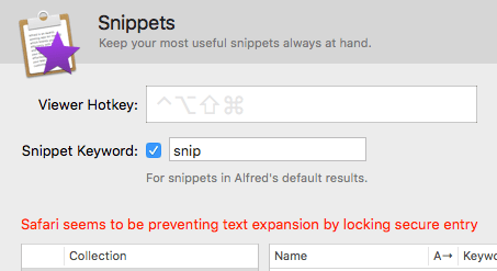 Snippet locked secure input in Alfred 3