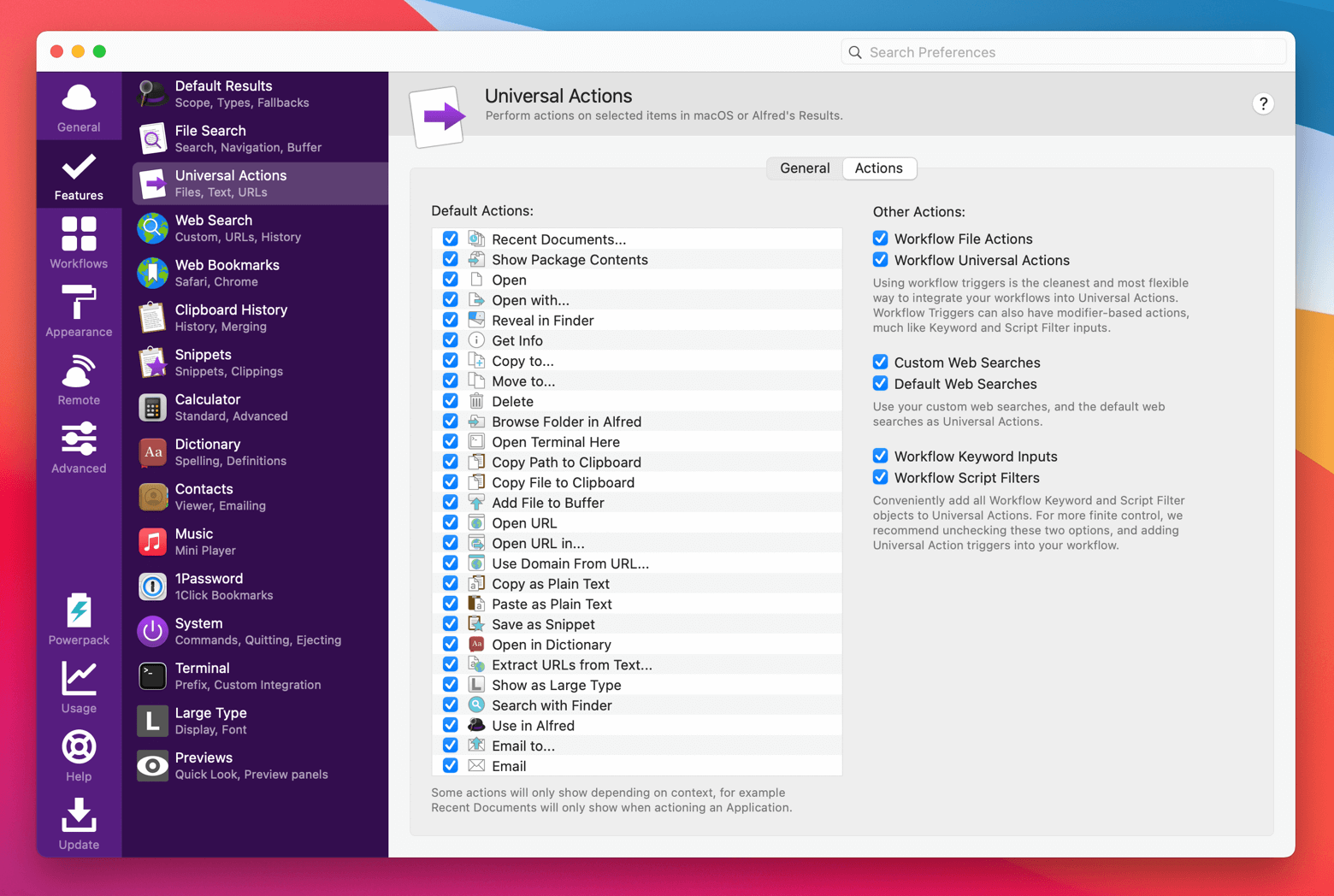 Universal Actions preferences