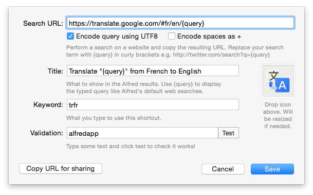 Custom Search in Alfred - Translate from French to English