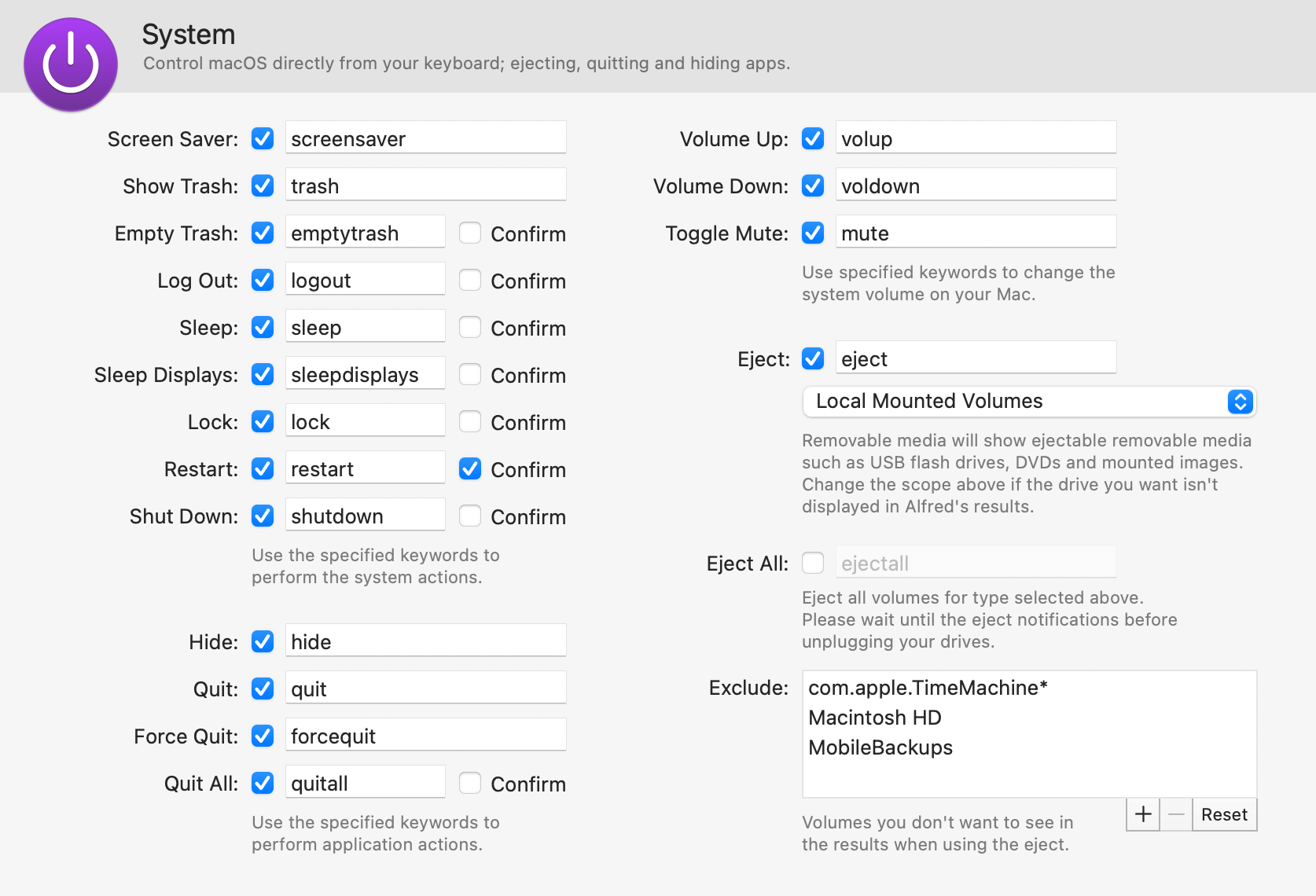 Alfred Preferences showing System Commands