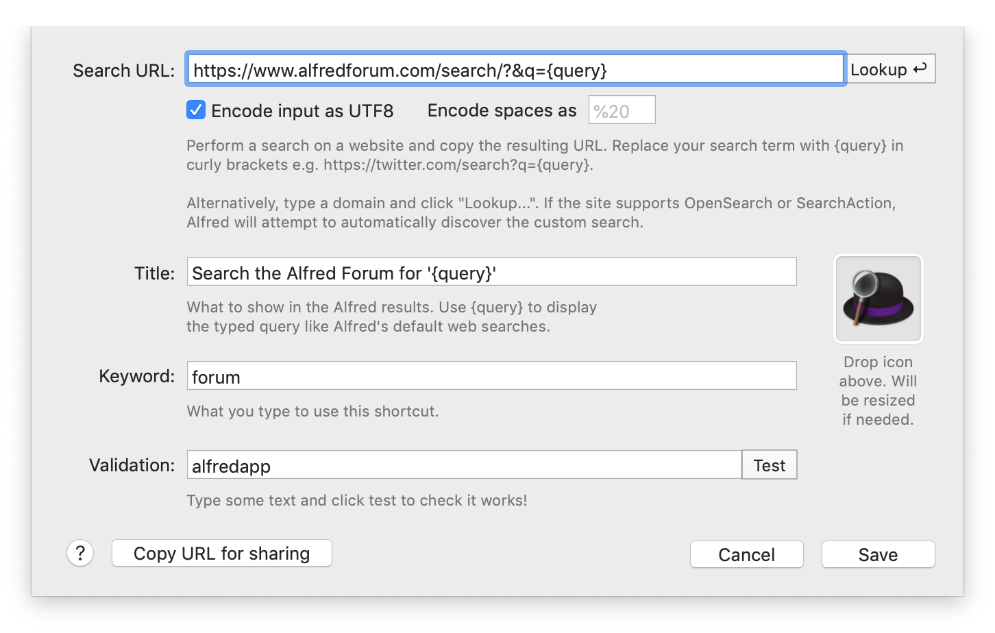 Alfred Forum custom search settings