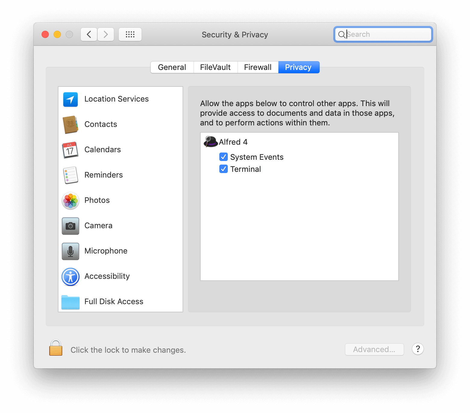 Granting Automation Access in macOS Mojave Security and Privacy Preferences