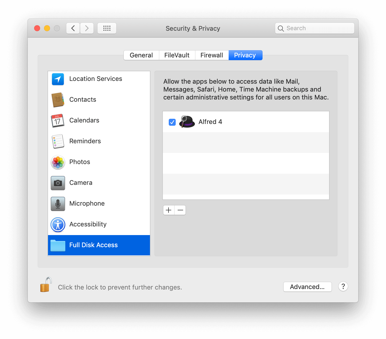Granting Full Disk Access in macOS Mojave Security and Privacy Preferences