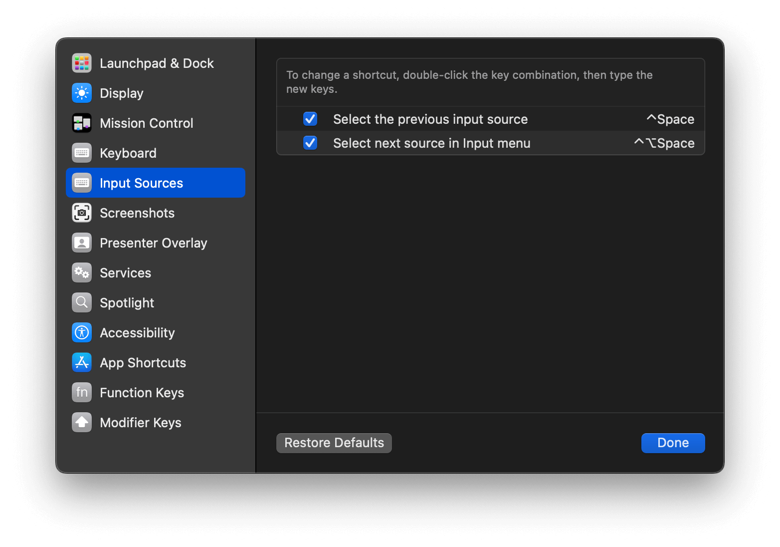 Input Sources preferences