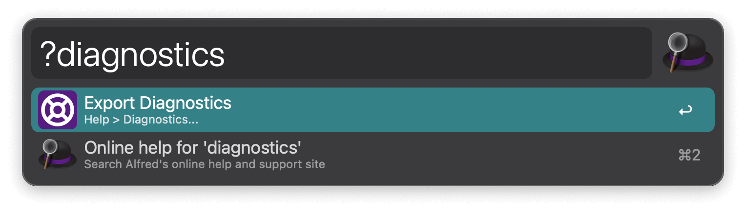 Diagnostics prompt in Alfred search box