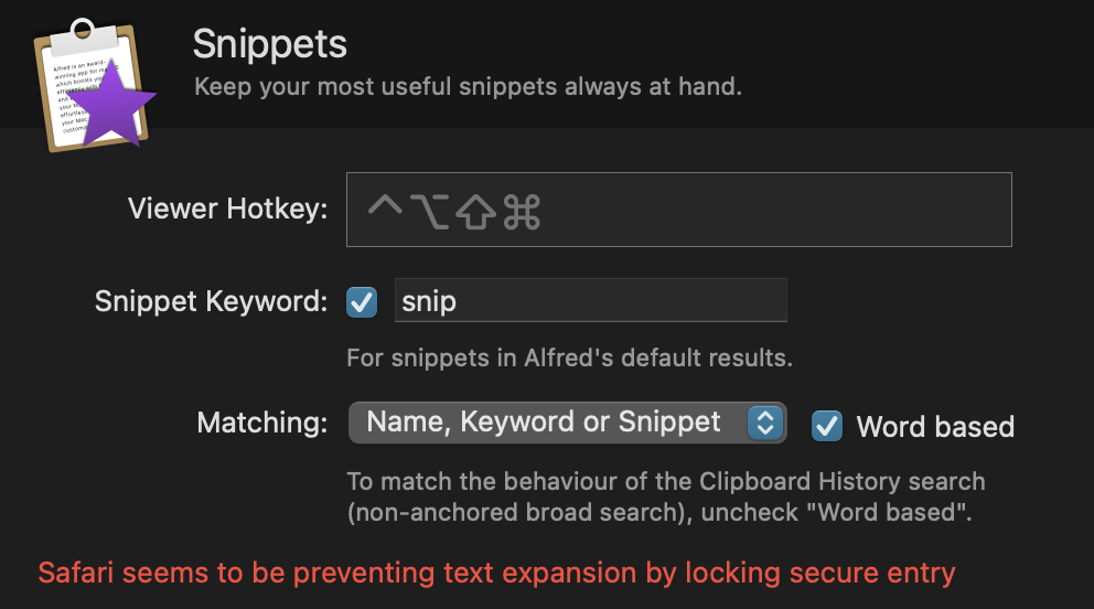 Secure Input notice in snippets