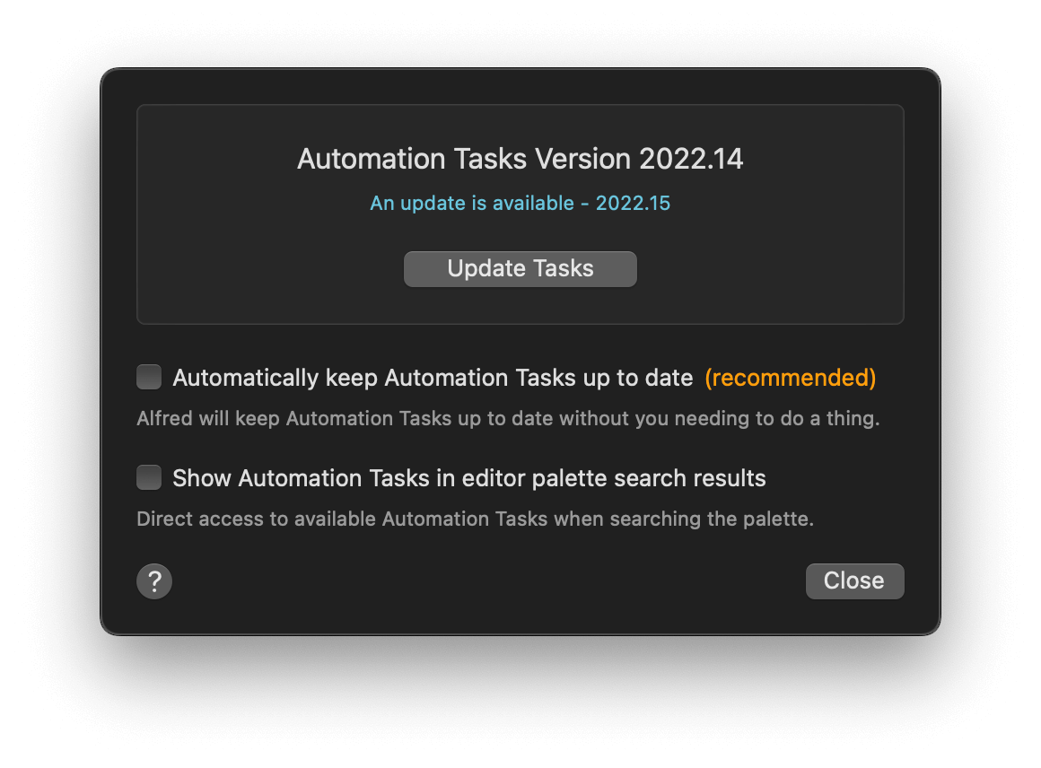 Automation Tasks options dialog