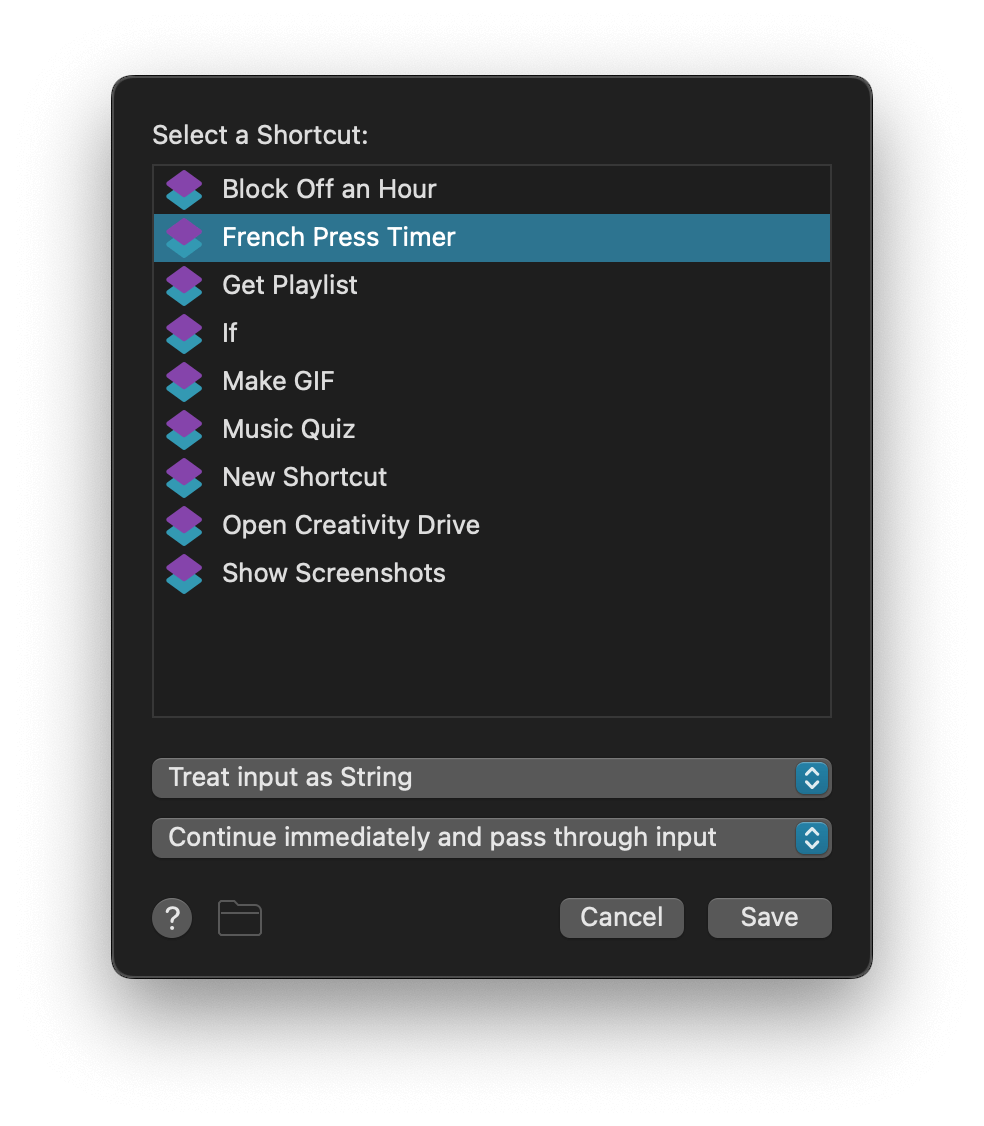 List of Shortcuts in the workflow object