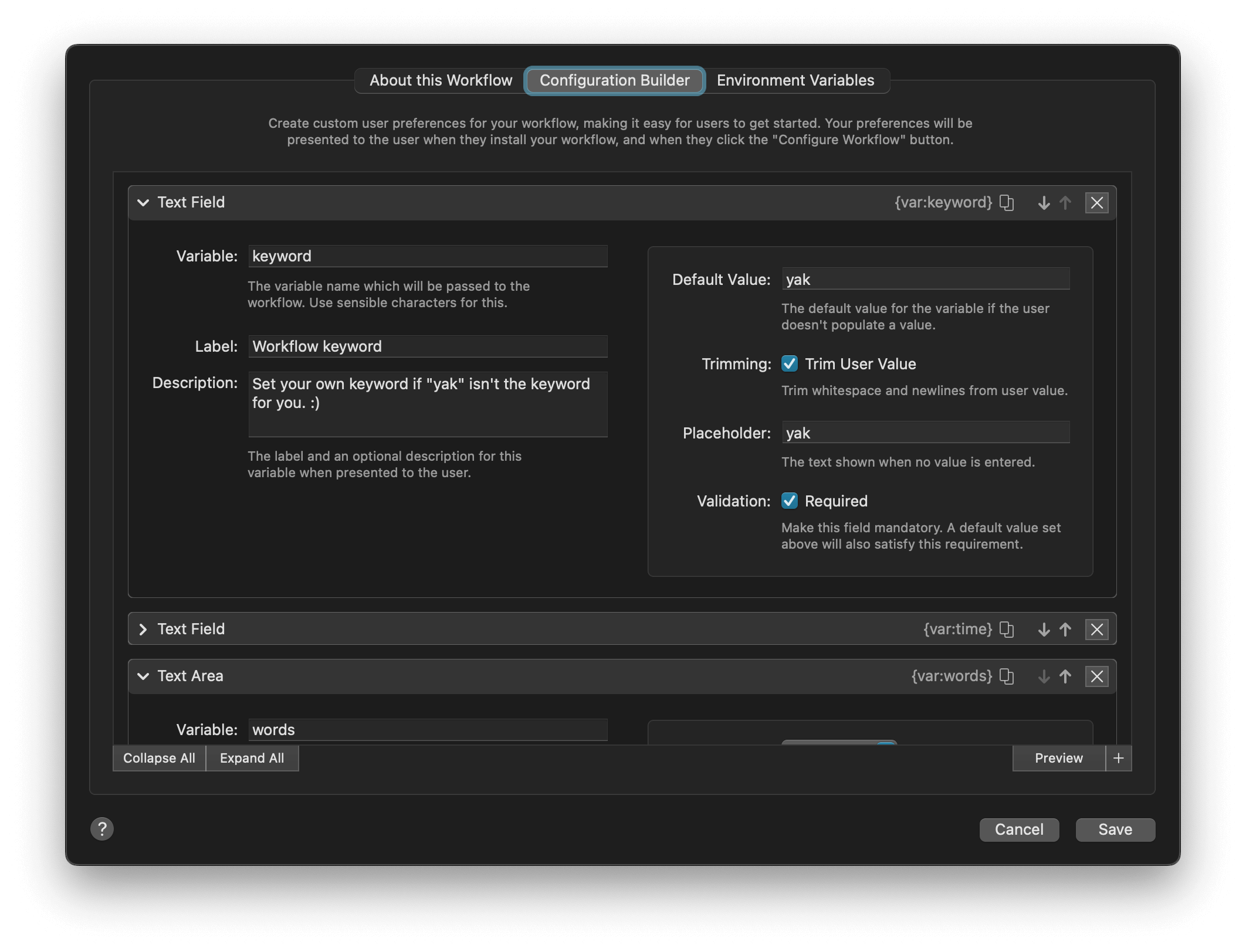 Configuration Builder Fields