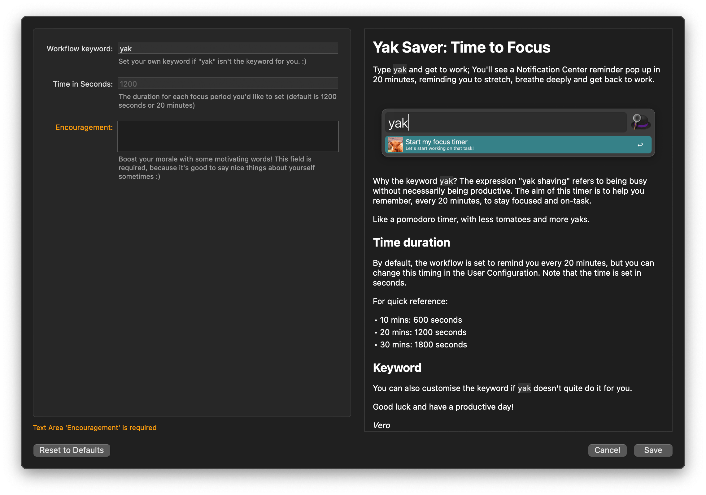 User Configuration for a Workflow