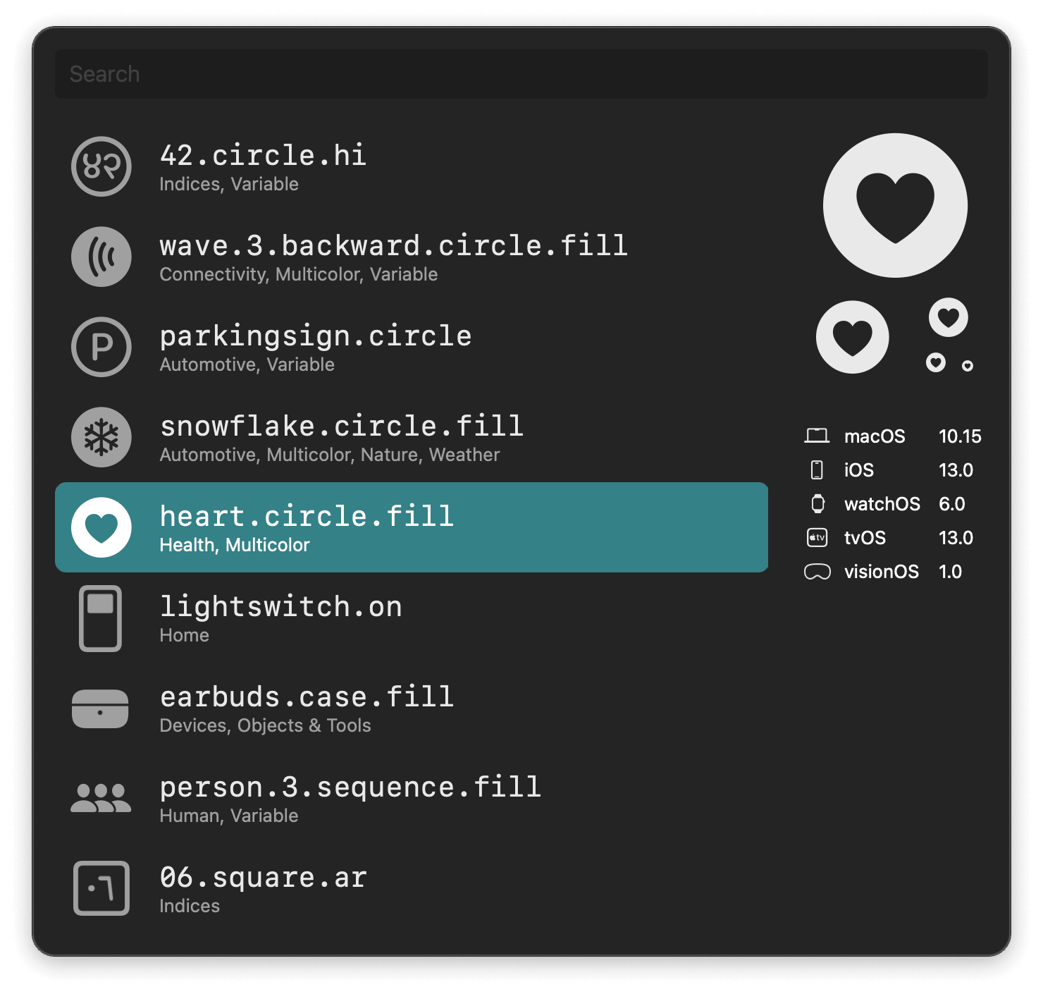 Screenshot of Alfred's SF Symbol search workflow