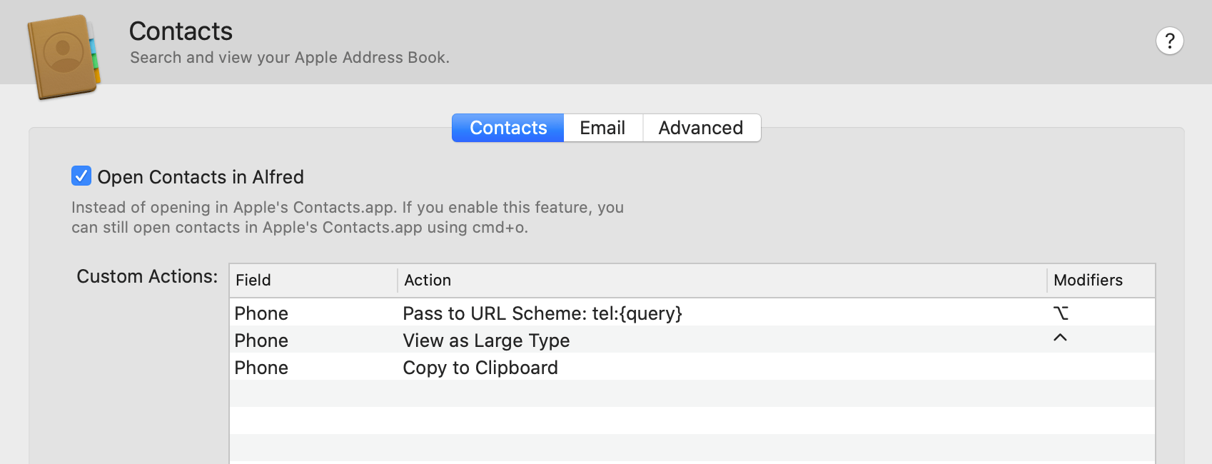 Contact Action preferences with modifiers set to perform different actions