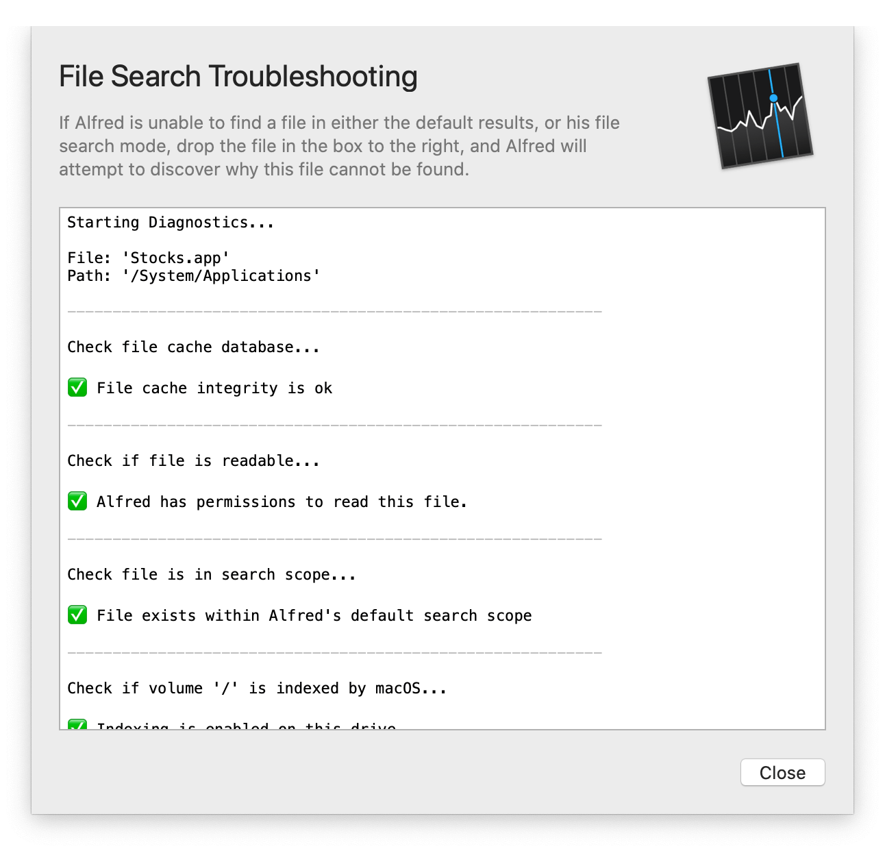 Troubleshooting tool with the Stocks app's metadata