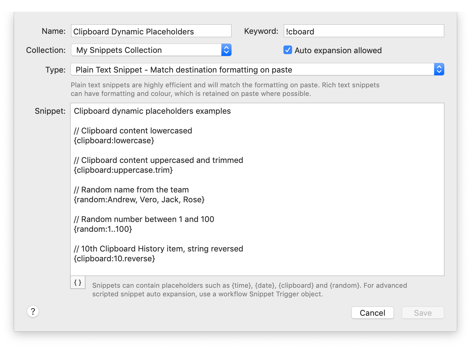 Examples of Dynamic Placeholders syntax