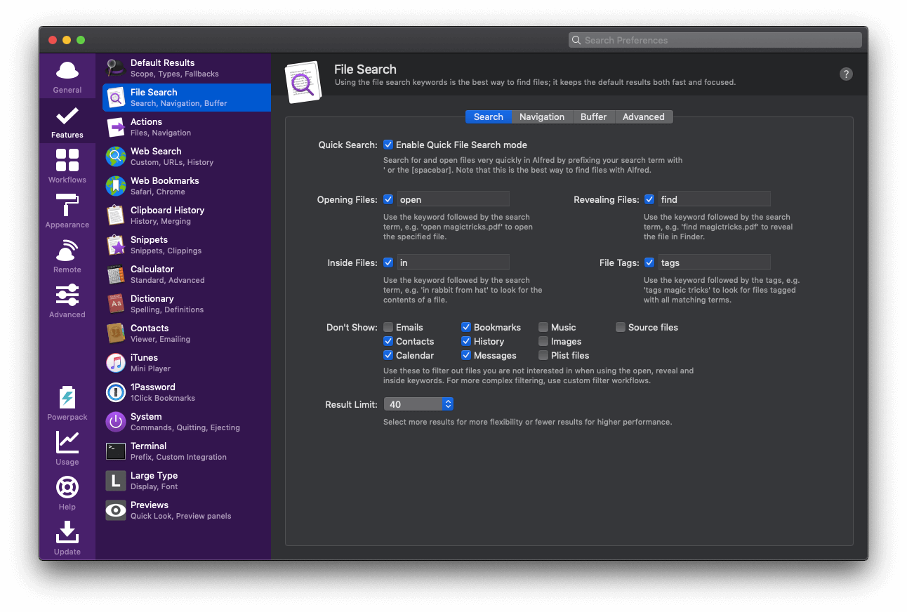 File Search Preferences in Dark Mode