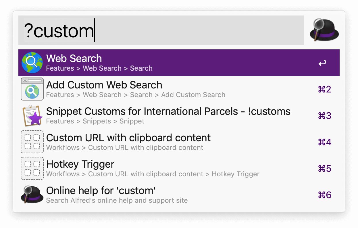 Alfred Preferences, searching for the keyword custom